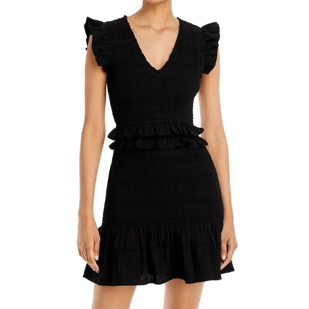 Aqua black smocked ruffled mini dress size small
